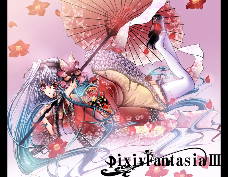 sakayaki (burning soul), pixiv fantasia, pixiv fantasia 3, 1girl, akatsuhara empire, blue hair, camellia, flower, frills, gathers, geta, japanese clothes, lace, long hair, oil-paper umbrella, okobo, parasol, pillarboxed, platform sandals, red eyes, sandals, thighhighs, umbrella, very long hair, white thighhighs