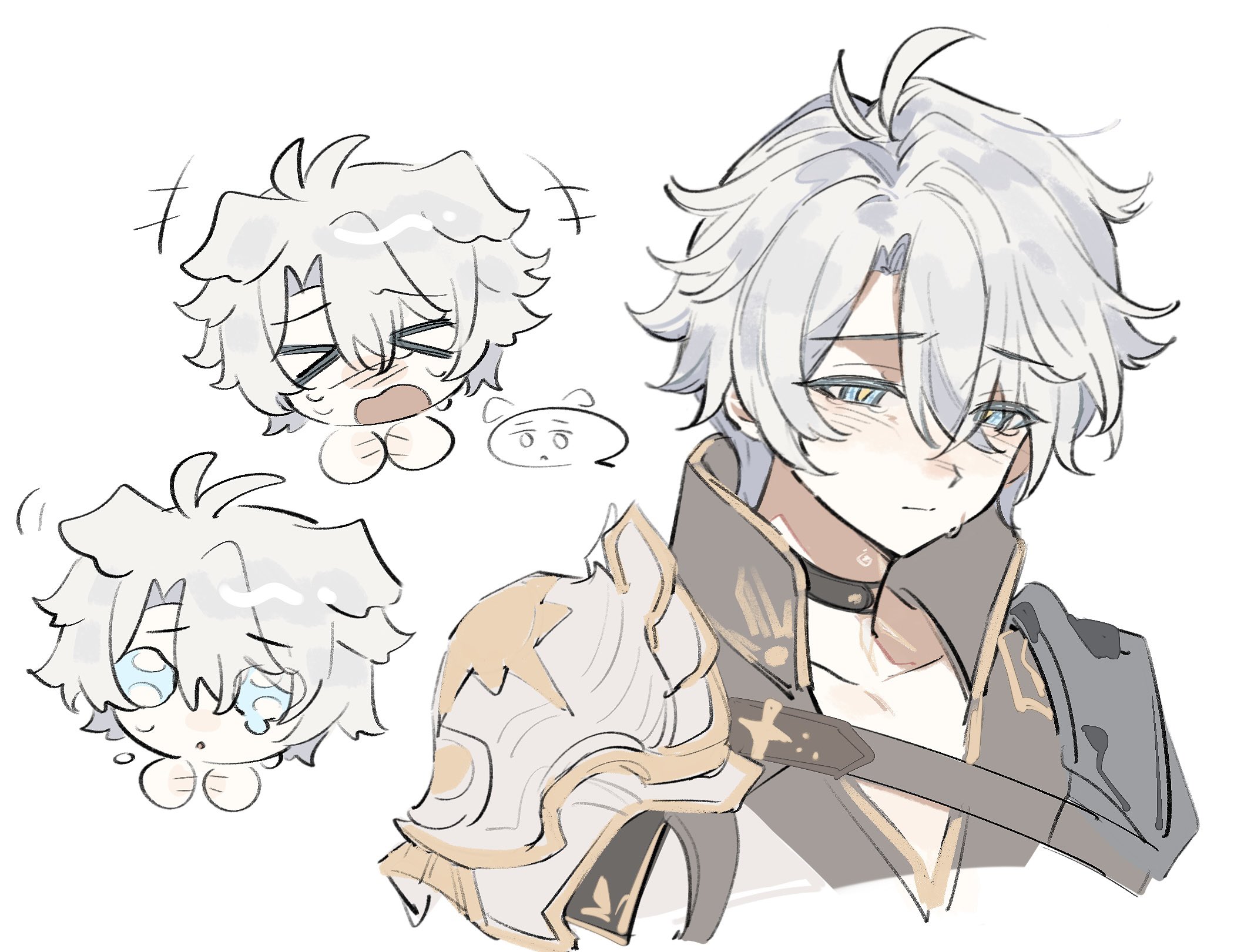 zzzz44892252457, phainon (honkai: star rail), honkai: star rail, honkai (series), commentary, highres, symbol-only commentary, > <, +++, 1boy, animal ears, antenna hair, armor, black choker, blue eyes, choker, closed mouth, collarbone, crossed bangs, crying, crying with eyes open, dog ears, grey hair, hair between eyes, half-closed eyes, jacket, kemonomimi mode, looking at viewer, looking down, male focus, multiple views, neck tattoo, open mouth, sad, short hair, shoulder armor, sun symbol, sun tattoo, tan, tattoo, tears, upper body, white jacket, yellow pupils