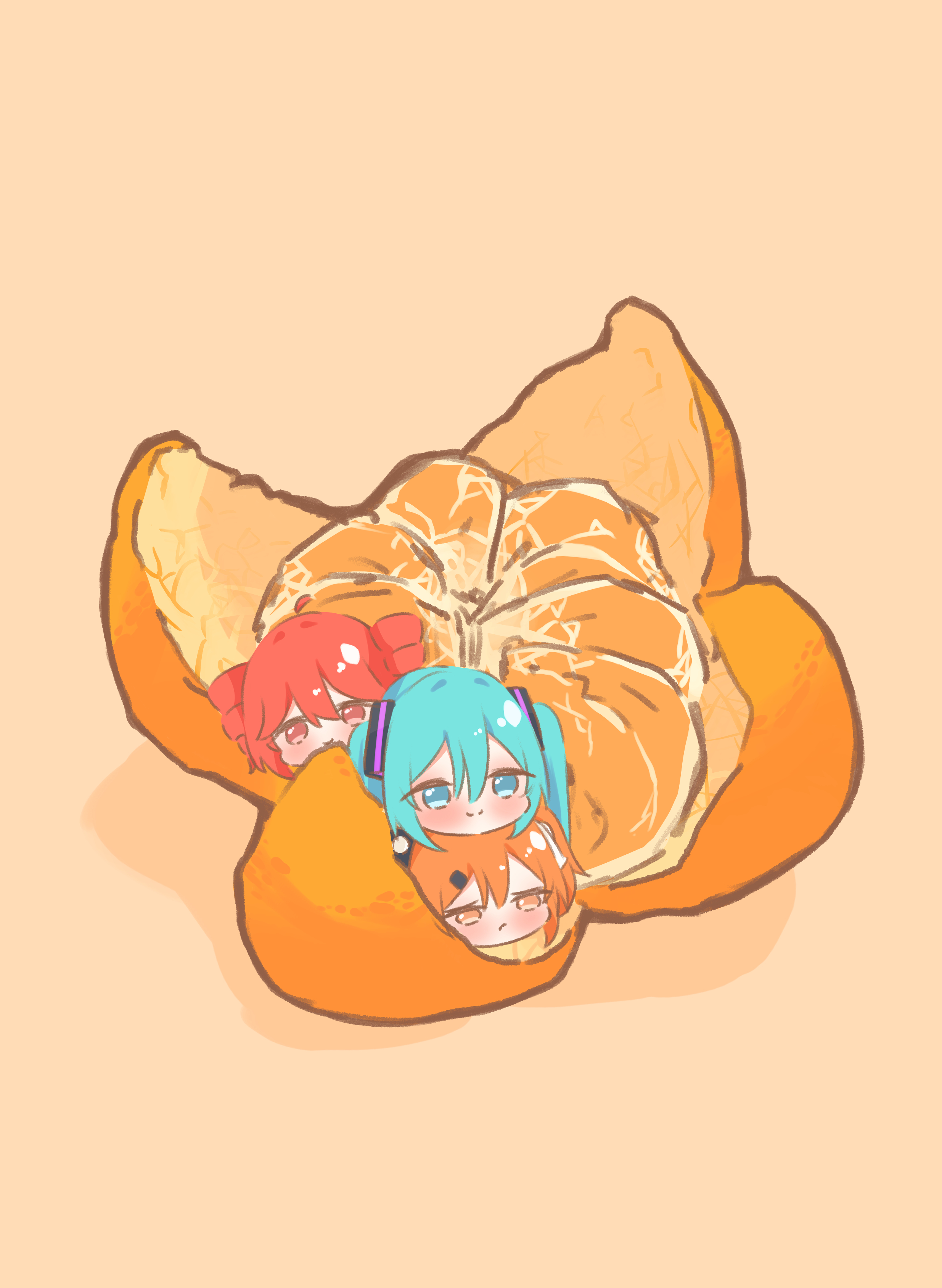 cott (cott 5), adachi rei, hatsune miku, kasane teto, a.i. voice, utau, vocaloid, absurdres, highres, 3girls, aqua eyes, aqua hair, drill hair, food, fruit, in food, mandarin orange, mini person, minigirl, multiple girls, orange eyes, orange hair, red eyes, red hair, twin drills, twintails