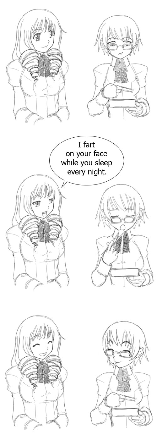 hakamichi shizune, mikado shiina, katawa shoujo, hard-translated, highres, long image, tall image, third-party edit, translated, 10s, 2girls, ^ ^, chopsticks, closed eyes, comic, drill hair, eating, glasses, greyscale, grin, long hair, monochrome, multiple girls, puffy sleeves, school uniform, sequential, short hair, sketch, smile, speech bubble, upper body