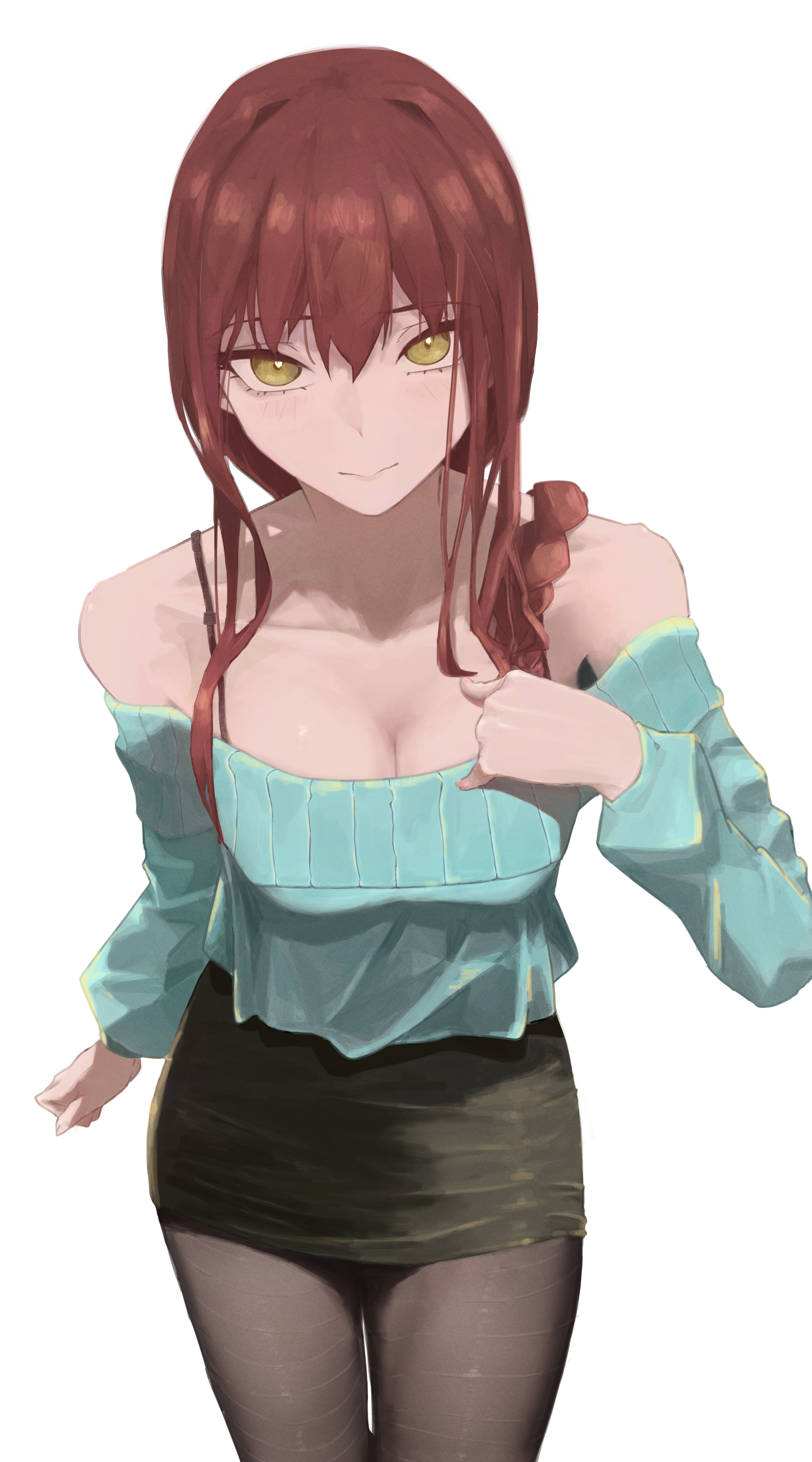 makima (chainsaw man), chainsaw man, absurdres, highres, 1girl, aqua sweater, black skirt, braid, breasts, cleavage, closed mouth, grey pantyhose, looking at viewer, medium breasts, miniskirt, off-shoulder sweater, off shoulder, pantyhose, red hair, sidelocks, simple background, skirt, solo, sweater, takikomu0, white background, yellow eyes