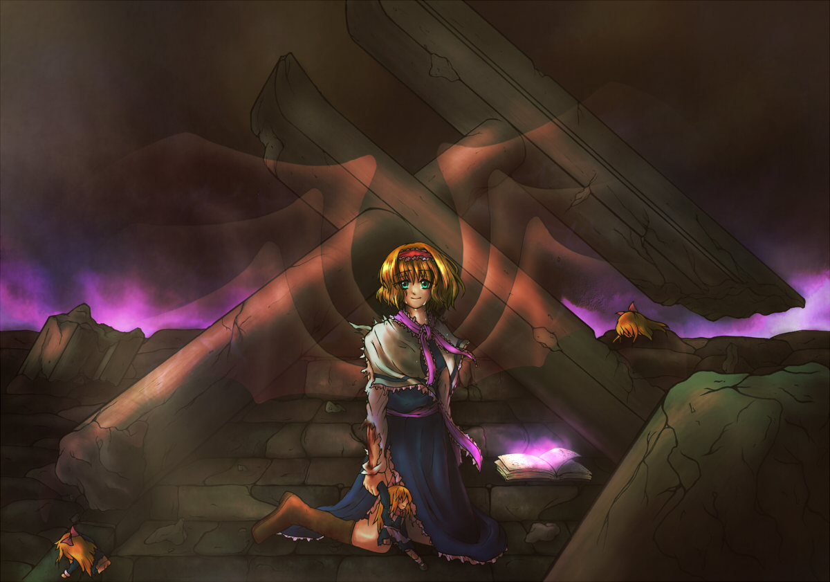 chikin watanabe raisu, alice margatroid, shanghai doll, touhou, 1girl, blonde hair, blood, book, doll, female focus, green eyes, hairband, kneeling, long hair, ruins, short hair, solo, tears, torii, torn clothes, wings