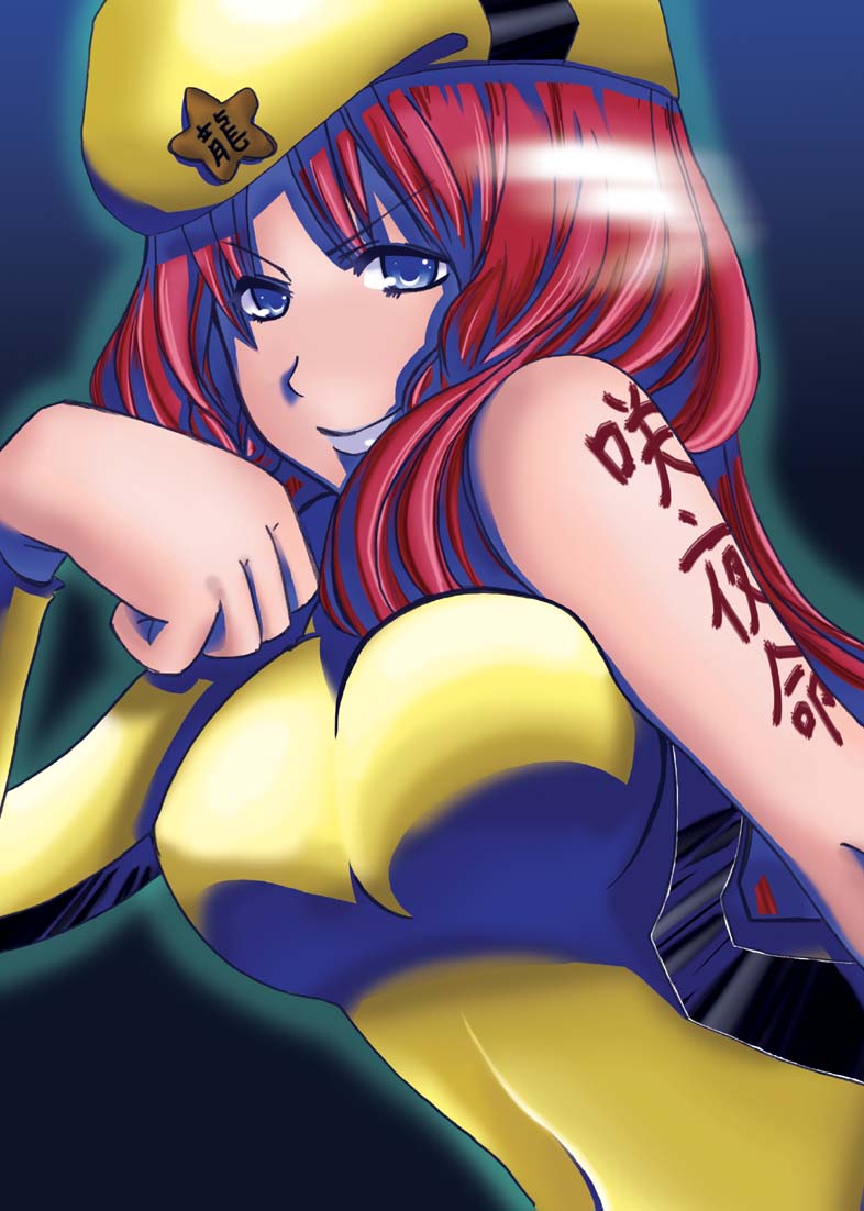 hahashou, hong meiling, immaterial and missing power, touhou, 1girl, alternate costume, blue eyes, blue lips, braid, breasts, female focus, gradient background, hat, lipstick, long hair, makeup, red hair, solo, twin braids, upper body