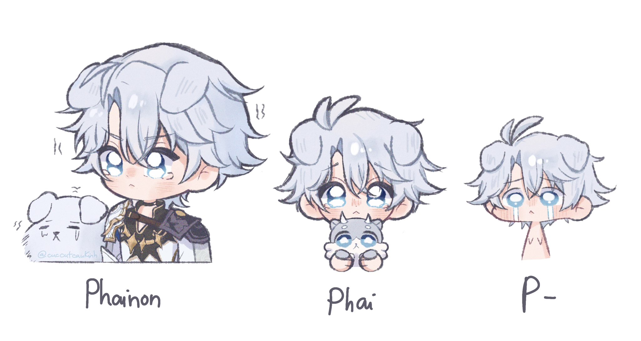 phainon (honkai: star rail), phainon (vigethos) (honkai: star rail), honkai: star rail, honkai (series), commentary, english commentary, highres, 1boy, :<, animal, animal ears, animal nose, animalization, antenna hair, armor, black choker, blue eyes, blush, character name, chimera (honkai: star rail), choker, closed mouth, creature, crossed bangs, crying, crying with eyes open, cuccutcaukinh, dog, dog ears, grey fur, grey hair, hair between eyes, holding, horns, jacket, kemonomimi mode, long sleeves, looking at viewer, male focus, multiple views, person and animalization, short hair, shoulder armor, simple background, streaming tears, sun symbol, tearing up, tears, two-tone fur, upper body, v-shaped eyebrows, white fur, white jacket, yellow background