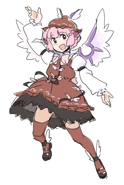 mitsumoto jouji, mystia lorelei, touhou, 1girl, dress, female focus, full body, hat, pink hair, short hair, solo, thighhighs, white background, wings