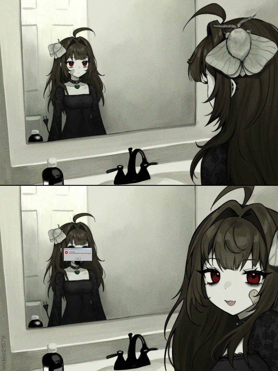 vickie (cryingrobot), vickie (cryingrobot) (character), original, highres, 1girl, ahoge, animal, animal on head, bandaid, bandaid on cheek, bandaid on face, black dress, brown hair, bug, cable, cable tail, different reflection, dress, electric plug, electric plug tail, error message, hair intakes, indoors, insect, long hair, looking at mirror, looking at viewer, mechanical tail, mirror, moth, on head, open mouth, red eyes, reflection, smile, solo, tail