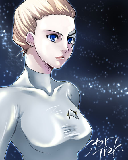 celi, seven of nine, star trek, star trek: voyager, 1girl, animification, blonde hair, blue eyes, breasts, female focus, hair bun, large breasts, latex, lipstick, makeup, shiny clothes, single hair bun, skin tight, solo, space, spandex, star (symbol)