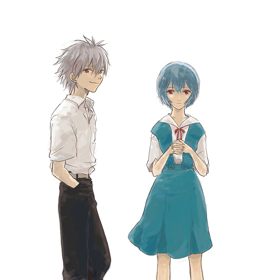 lrk, ayanami rei, nagisa kaworu, neon genesis evangelion, silver hair, 1boy, 1girl, blue hair, red eyes, school uniform, short hair
