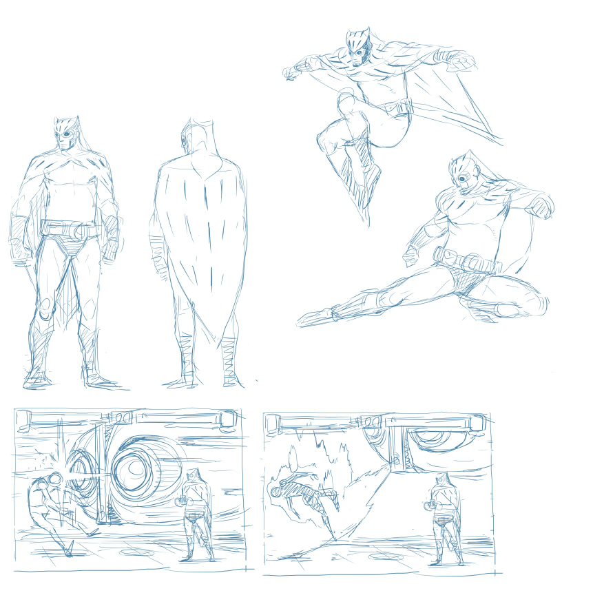 mahito (tranjistor), nite owl, dc comics, watchmen, concept art, 1boy, cape, fighting game, full body, goggles, lineart, male focus, monochrome, simple background, standing, topless male, white background