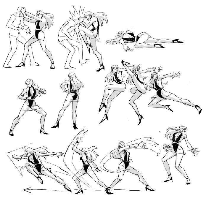 mahito (tranjistor), silk spectre, dc comics, watchmen, concept art, 1girl, battle, fighting game, full body, greyscale, high heels, leotard, lineart, long hair, lying, monochrome, on stomach, simple background, standing, very long hair, white background