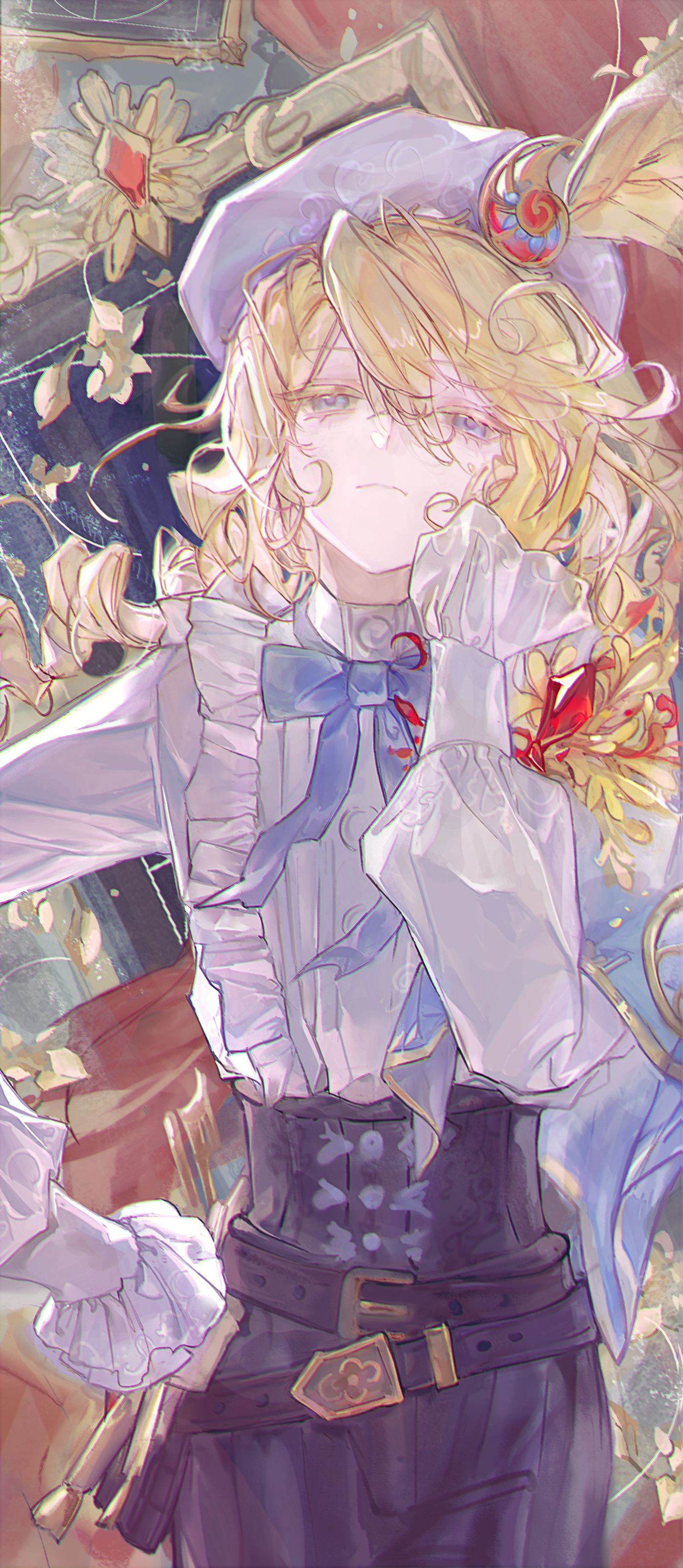 edgar valden, edgar valden (golden ratio), identity v, absurdres, highres, 1boy, androgynous, belt, beret, black belt, black corset, blonde hair, blue bow, blue bowtie, blue eyes, bow, bowtie, cloudtuan, colored eyelashes, corset, drill hair, drill ponytail, floating hair, frilled shirt, frilled sleeves, frills, frown, gem, hair between eyes, hand in own hair, hand on own hip, hat, hat feather, head tilt, looking at viewer, male focus, multiple belts, official alternate costume, puffy shorts, puffy sleeves, red gemstone, shirt, shorts, solo, straight-on, striped clothes, striped shorts, trap, upper body, white hat, white shirt