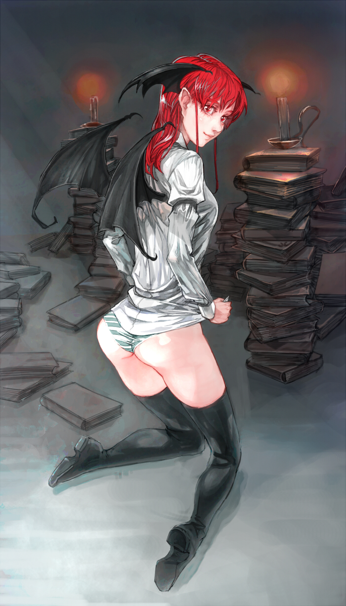 touge (kubiwa tsuki), koakuma, embodiment of scarlet devil, touhou, bad id, bad pixiv id, highres, 1girl, ass, bat wings, book, boots, candle, female focus, head wings, legs, lips, panties, pointy ears, red eyes, red hair, short hair, striped clothes, striped panties, thigh boots, thighhighs, underwear, wings