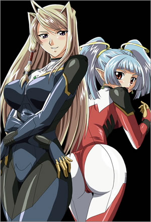 mine yuki, iris rebel, meili naceri, pixy (company), soukou kijo iris, lowres, official art, 2girls, :o, ahoge, ass, bent over, blonde hair, blue hair, blush, bodysuit, breasts, crossed arms, embarrassed, from behind, hair intakes, hair ornament, huge ass, large breasts, long hair, looking back, multiple girls, pointy ears, purple eyes, red eyes, shiny clothes, simple background, smile, standing, surprised, twintails
