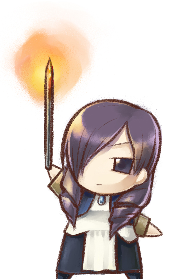 yuzun, daniella, capcom, demento, homunculus, bad id, bad pixiv id, 1girl, apron, brooch, chibi, drill hair, female focus, fire poker, hair over one eye, jewelry, maid, maid apron, purple hair, solo, weapon