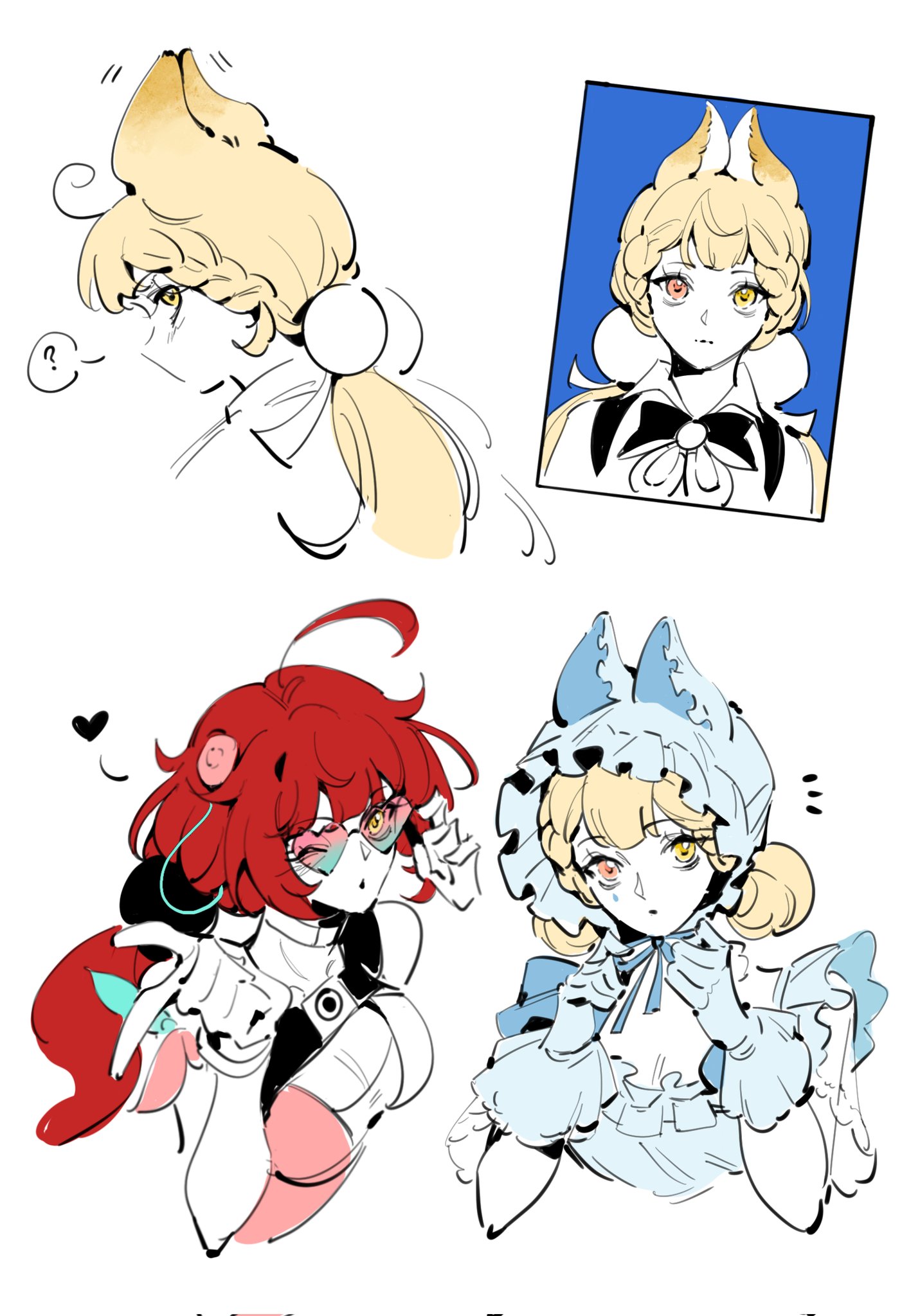 saskeboom, alice thymefield, ukinami yuzuha, ukinami yuzuha (tanuki in broad daylight), zenless zone zero, highres, 2girls, ?, adjusting eyewear, adjusting neck ribbon, alternate costume, animal ears, blonde hair, blue background, blue dress, blue gloves, blue hat, bracelet, breasts, camera, camera around neck, chest bow, cleavage, closed mouth, double bun, dress, frilled dress, frilled gloves, frilled hat, frills, from side, gloves, gradient-tinted eyewear, hair bun, hair ornament, hair up, hand on eyewear, hat, hearing aid, heart, heart-shaped eyewear, heterochromia, jewelry, long hair, looking at viewer, multiple girls, multiple views, neck ribbon, notice lines, official alternate costume, one-piece swimsuit, one eye closed, open mouth, orange eyes, pink one-piece swimsuit, portrait, rabbit ears, rabbit girl, red hair, ribbon, shirt, sphere hair ornament, spoken question mark, sunglasses, swimsuit, tinted eyewear, twintails, two-tone one-piece swimsuit, upper body, white background, white shirt, yellow eyes