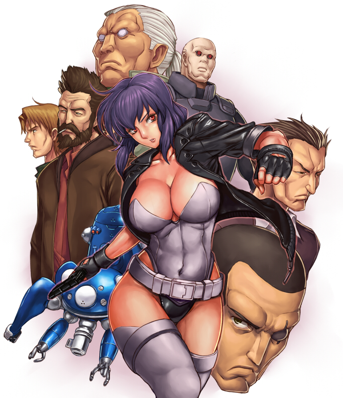 ibanen, batou (gits), boma (gits), ishikawa (gits), kusanagi motoko, paz (gits), saito, saitou (gits), tachikoma, togusa (gits), ghost in the shell, ghost in the shell: stand alone complex, silver hair, bad id, bad pixiv id, 00s, 1girl, 6+boys, ahoge, bald, beard, belt, belt skirt, black hair, black jacket, breasts, brown hair, cigarette, cleavage, closed mouth, collarbone, covered navel, cowboy shot, curvy, cyborg, everyone, facial hair, fingerless gloves, frown, gloves, groin, gun, handgun, head tilt, highleg, highleg leotard, holding, holding gun, holding weapon, jacket, large breasts, leaning, leather, leather jacket, leotard, looking at viewer, looking to the side, mecha, mouth hold, multiple boys, open clothes, open jacket, outline, parted lips, ponytail, portrait, purple hair, red eyes, robot, serious, short hair, sideburns, simple background, skin tight, smoking, standing, strapless, strapless leotard, tan, thighhighs, thighs, trigger discipline, upper body, weapon, wind, wind lift