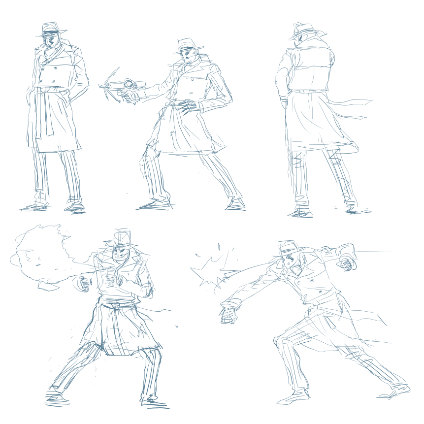 mahito (tranjistor), rorschach, dc comics, watchmen, concept art, 1boy, belt, coat, fighting game, gun, hat, lineart, long sleeves, male focus, mask, pants, simple background, sketch, standing, trench coat, weapon, white background
