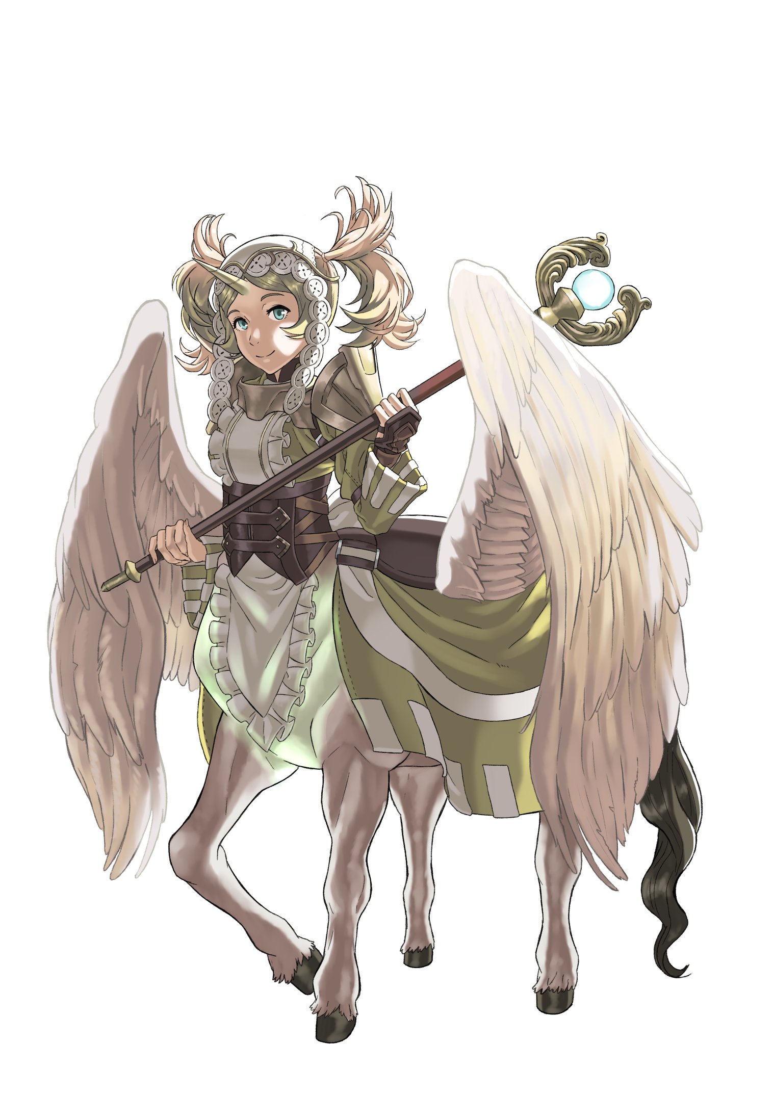 peacefulandflat, lissa (fire emblem), fire emblem, fire emblem awakening, nintendo, highres, 1girl, armor, back bow, backlighting, black tail, blonde hair, blue eyes, body fur, bow, brown corset, brown gloves, button hair ornament, centaur, corset, dress, eyelashes, feathered wings, feathers, fingerless gloves, fingernails, gloves, gorget, headdress, holding, holding staff, hooves, horse tail, kozaki yuusuke (style), long sleeves, looking at viewer, mage staff, monster girl, multiple legs, parted bangs, pauldrons, pegasus, saddle, shoulder armor, smile, solo, staff, standing on three legs, tail, taur, twintails, unicorn horn, white armor, white bow, white feathers, white fur, white headdress, white wings, wide sleeves, winged unicorn, wings, yellow dress