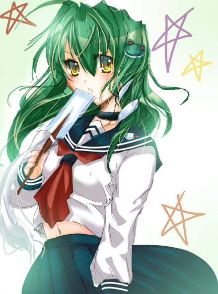 sakayaki (burning soul), kochiya sanae, touhou, bad id, bad pixiv id, 1girl, alternate costume, female focus, frog, gohei, green hair, hair ornament, midriff, navel, oonusa, school uniform, serafuku, short hair, snake, solo, yellow eyes
