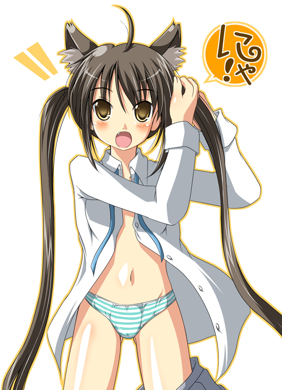 na! (na'mr), nakano azusa, k-on!, 1girl, adjusting hair, ahoge, animal ears, black hair, brown eyes, cat ears, cat girl, cosplay, fang, female focus, long hair, navel, open clothes, open shirt, panties, school uniform, shirt, simple background, solo, striped clothes, striped panties, twintails, underwear