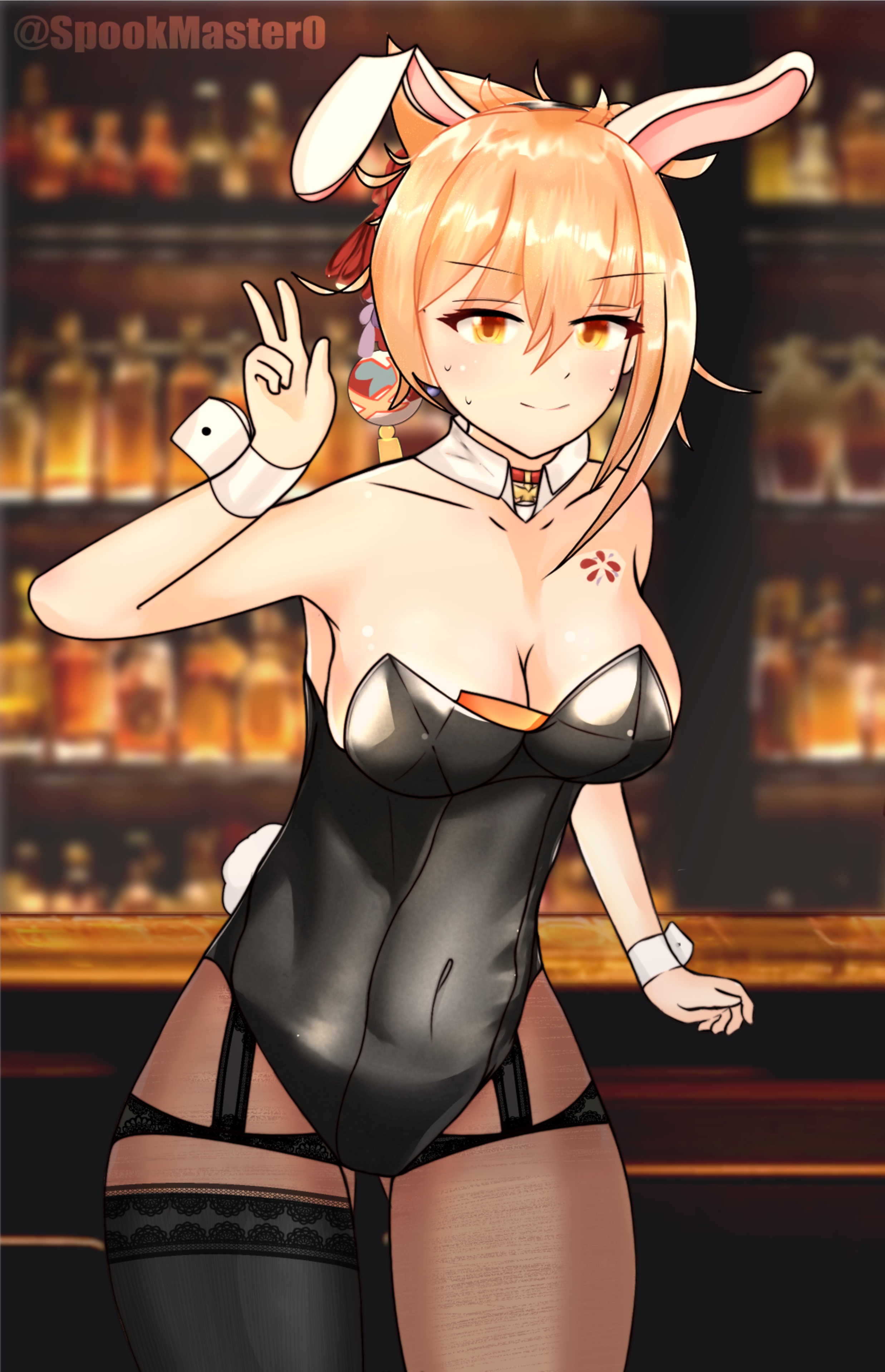 spookm, yoimiya (genshin impact), genshin impact, absurdres, highres, 1girl, animal ear hairband, animal ears, armpits, asymmetrical hair, asymmetrical legwear, blonde hair, blush, breasts, cleavage, collarbone, detached collar, fake animal ears, fake tail, hair between eyes, hair ornament, hair ribbon, hand up, highleg, highleg leotard, large breasts, leotard, looking at viewer, orange eyes, pantyhose, playboy bunny, rabbit ear hairband, rabbit ears, rabbit tail, ribbon, sideboob, smile, solo, sweatdrop, tail, v, wrist cuffs