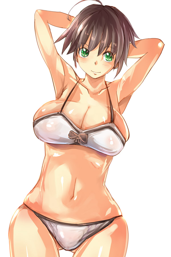 suoni (deeperocean), original, 1girl, bikini, breasts, brown hair, female focus, green eyes, large breasts, short hair, solo, swimsuit