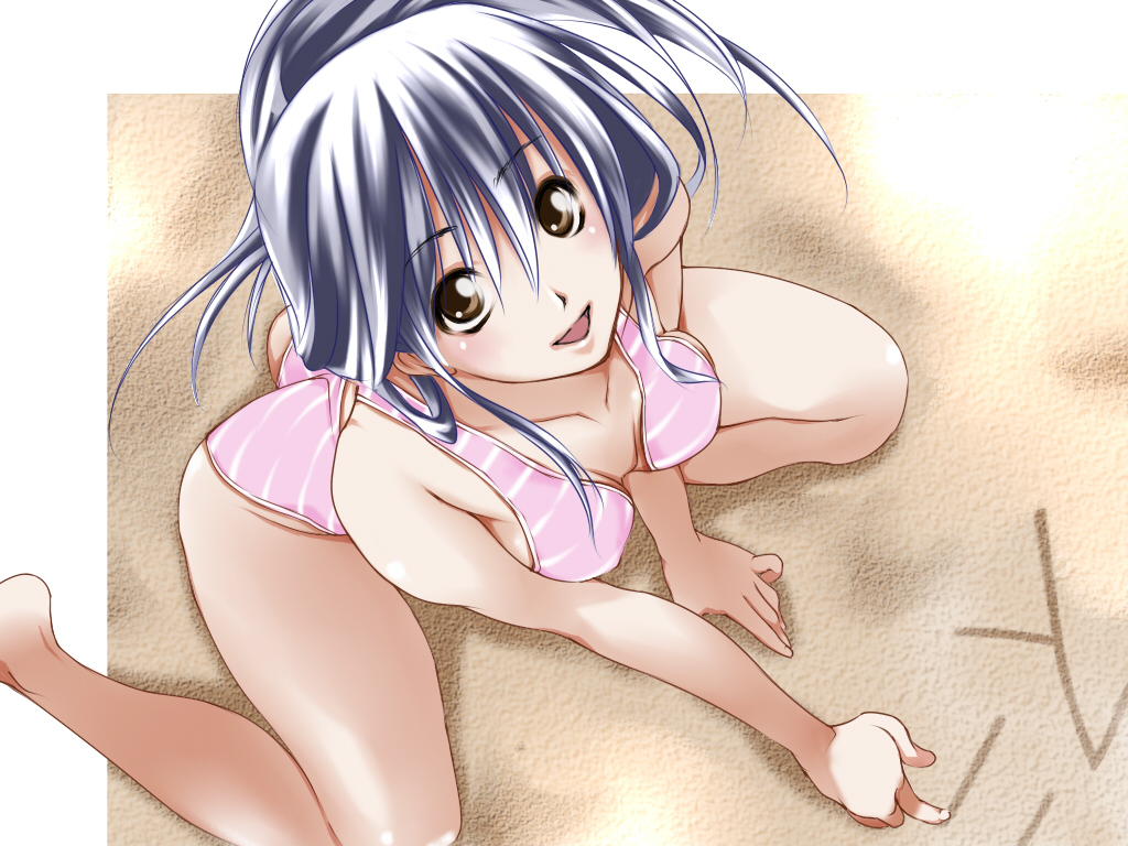 alric, barefoot, blue hair, brown eyes, long hair, looking up, sand, sitting, solo, sports bikini, swimsuit, wariza