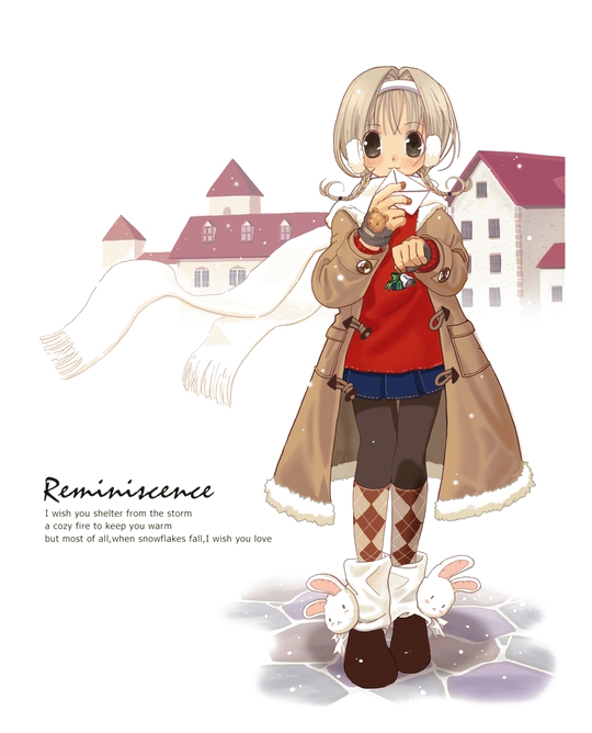 milktea (aoiexk), original, archived source, commentary request, korean commentary, photoshop (medium), 1girl, :3, ankle socks, argyle clothes, argyle socks, bell, blue skirt, blush, bracelet, braid, brown coat, brown hair, brown pantyhose, brown shoes, brown sleeves, brown socks, building, closed mouth, coat, collared coat, denim, denim skirt, dot nose, duffel coat, earmuffs, english text, envelope, facing viewer, fingernails, full body, fur-trimmed coat, fur collar, fur trim, green ribbon, hair intakes, holding, holding bell, holding envelope, holding ribbon, jewelry, kneehighs, legs together, long sleeves, looking at viewer, low twin braids, medium hair, pantyhose, pleated skirt, pocket, rabbit ornament, red sweater, ribbon, rooftop, scarf, shoes, simple background, skirt, smile, snow, socks, socks over pantyhose, solo, standing, stone wall, sweater, twin braids, white scarf, white socks, window, winter clothes