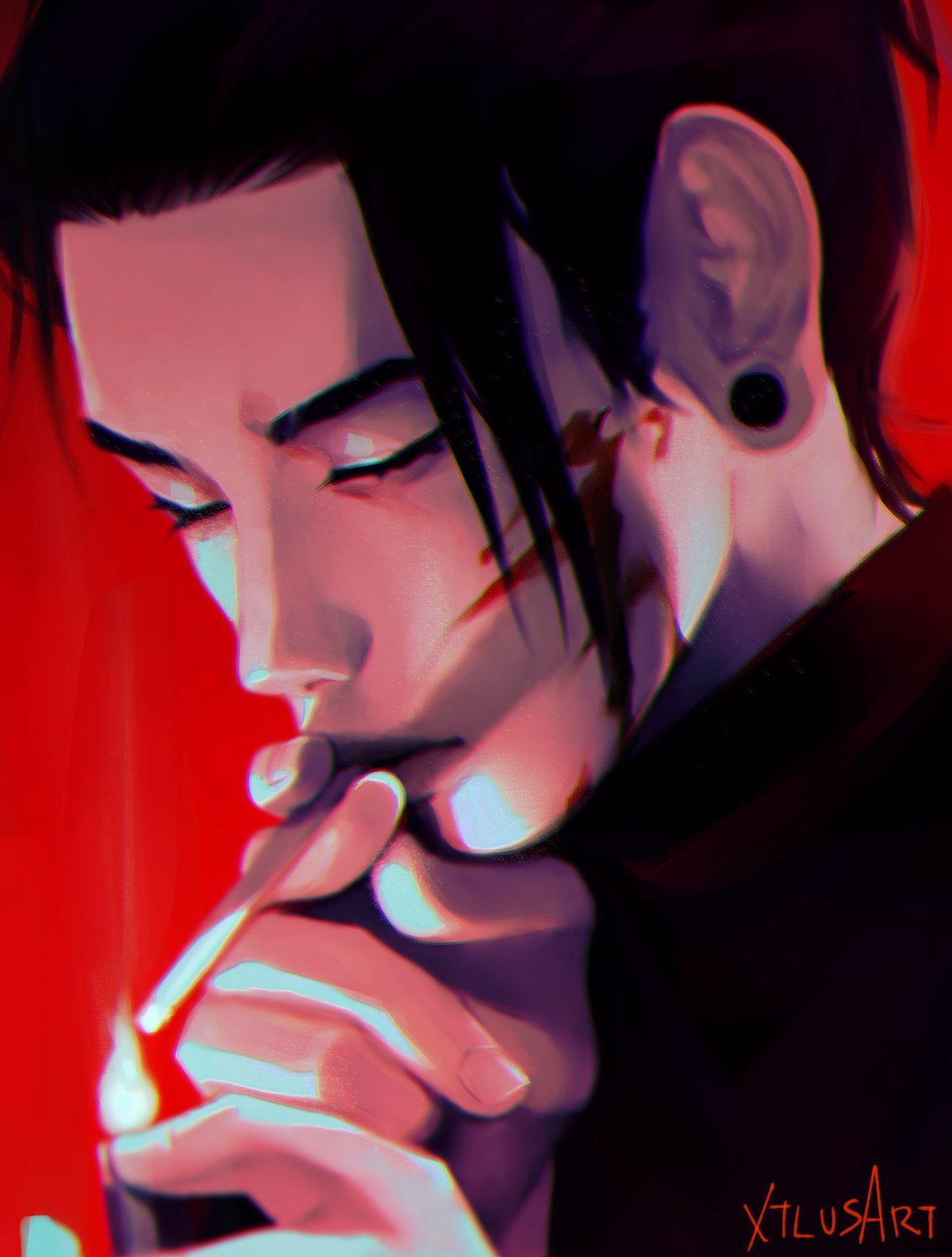 getou suguru, jujutsu kaisen, highres, 1boy, artist name, black hair, blood, blood on face, cigarette, closed mouth, hair pulled back, holding, holding cigarette, lips, male focus, nose, plug (piercing), red background, short hair, simple background, smoking, solo, xtlusart