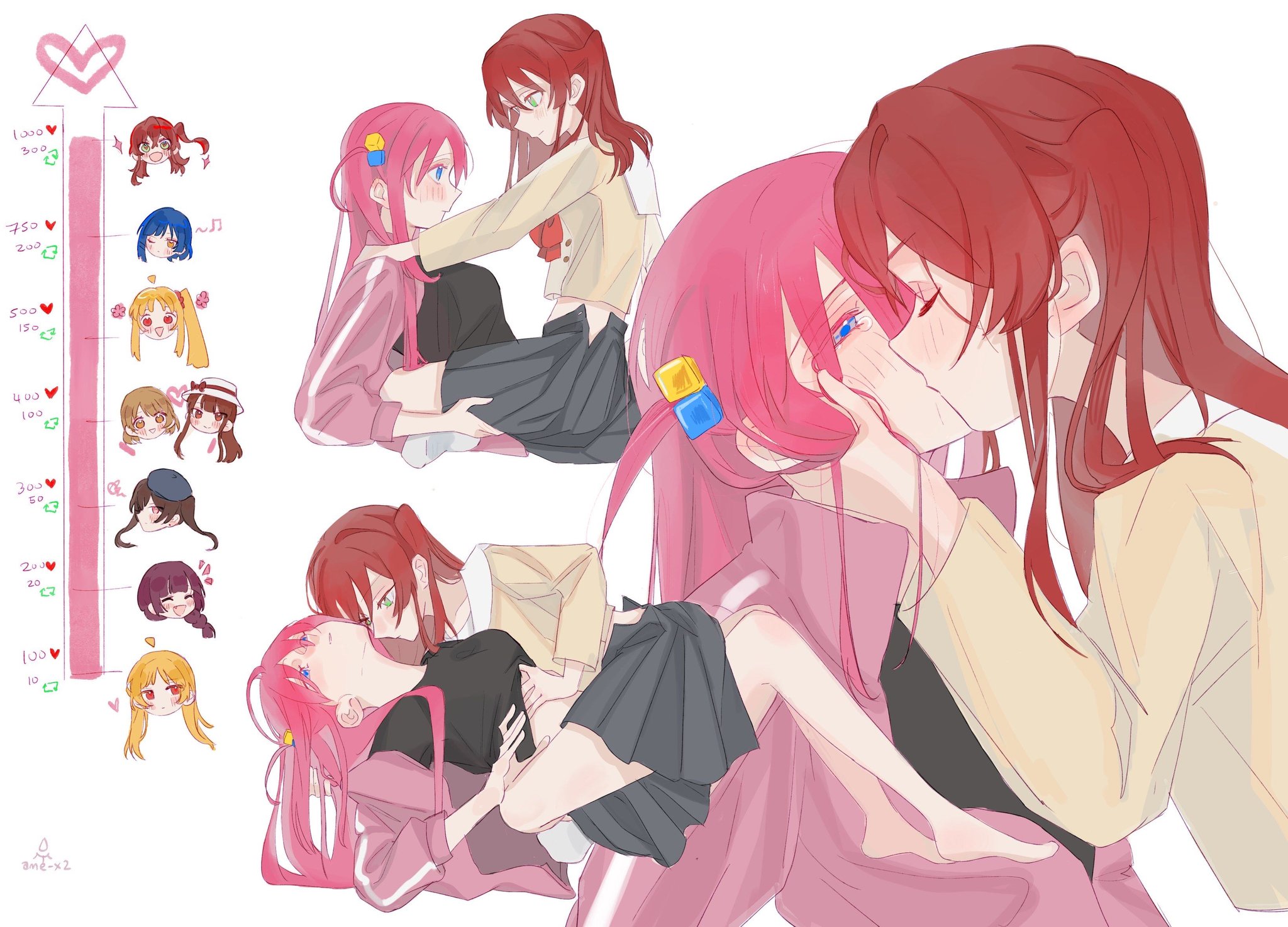 fan 1-gou, fan 2-gou, gotoh hitori, hiroi kikuri, ijichi nijika, ijichi seika, kita ikuyo, ootsuki yoyoko, yamada ryo, bocchi the rock!, commentary, highres, 6+girls, ahoge, barefoot, black hat, black shirt, blonde hair, blue eyes, blue hair, blush, braid, brown hair, brown shirt, closed eyes, clothes lift, cube hair ornament, green eyes, grey skirt, hair ornament, hand on another's stomach, hat, heart, jacket, kiss, kiss meter (meme), long hair, meme, multiple girls, one side up, open clothes, open skirt, pink hair, pink jacket, pleated skirt, purple hair, red eyes, red hair, school uniform, shirt, shirt lift, short hair, shuka high school uniform, side ponytail, simple background, single braid, skirt, sparkle, starstruckkmess, tears, track jacket, twintails, white background, white hat, yellow eyes, yuri
