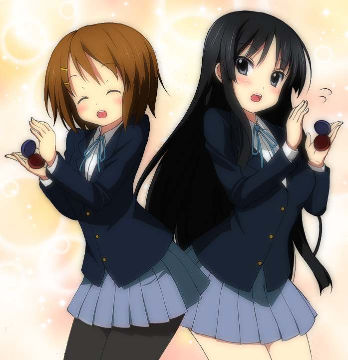 kyoku tou, akiyama mio, hirasawa yui, k-on!, 00s, 2girls, back-to-back, black eyes, black hair, blazer, blush, brown hair, castanets, closed eyes, hair ornament, hairclip, instrument, long hair, multiple girls, pantyhose, school uniform, short hair, skirt, smile