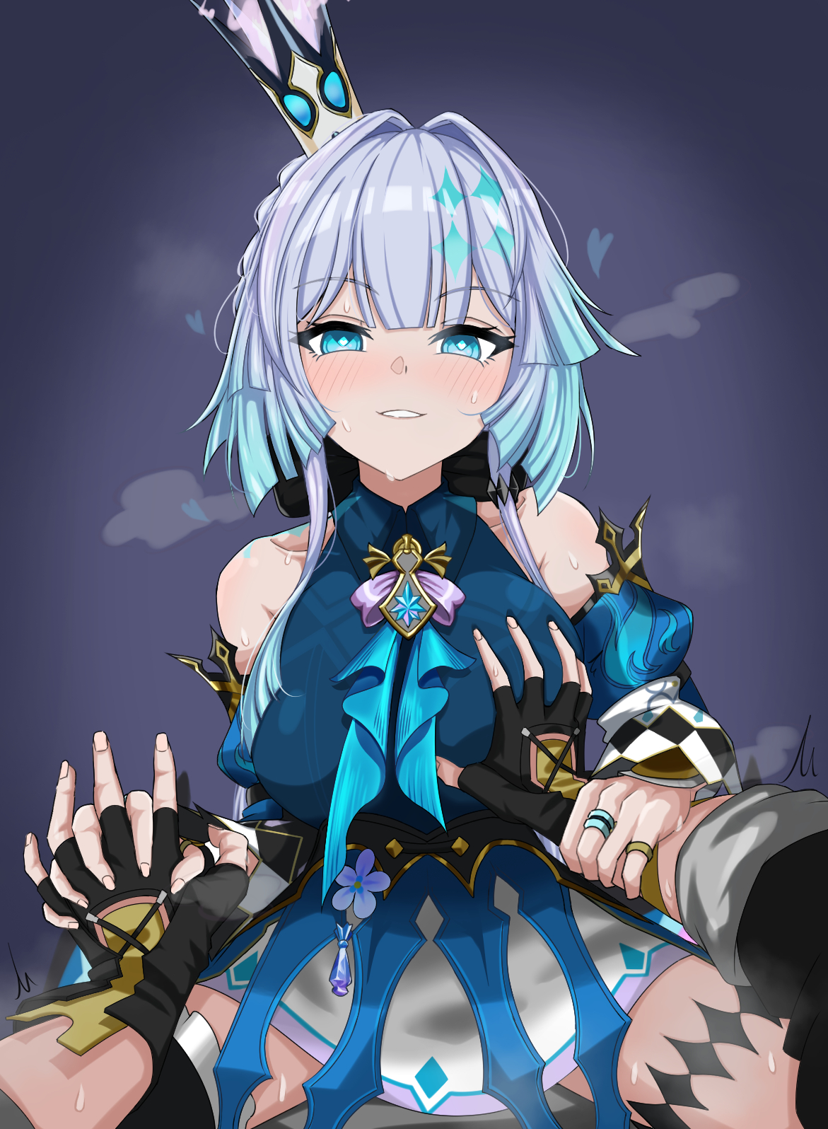 user zysm5735, caelus (honkai: star rail), cerydra (honkai: star rail), trailblazer (honkai: star rail), honkai: star rail, honkai (series), highres, textless version, 1boy, 1girl, alternate breast size (larger), bare shoulders, black gloves, blue eyes, blue hair, blush, breasts, crown, detached sleeves, diamond-shaped pupils, diamond (shape), fingerless gloves, girl on top, gloves, grabbing another's breast, grey hair, groping, guided breast grab, guiding hand, hetero, holding hands, implied sex, interlocked fingers, jewelry, korean text, large breasts, looking at viewer, multicolored hair, pov, pov hands, ring, smile, solo focus, straddling, sweat, symbol-shaped pupils