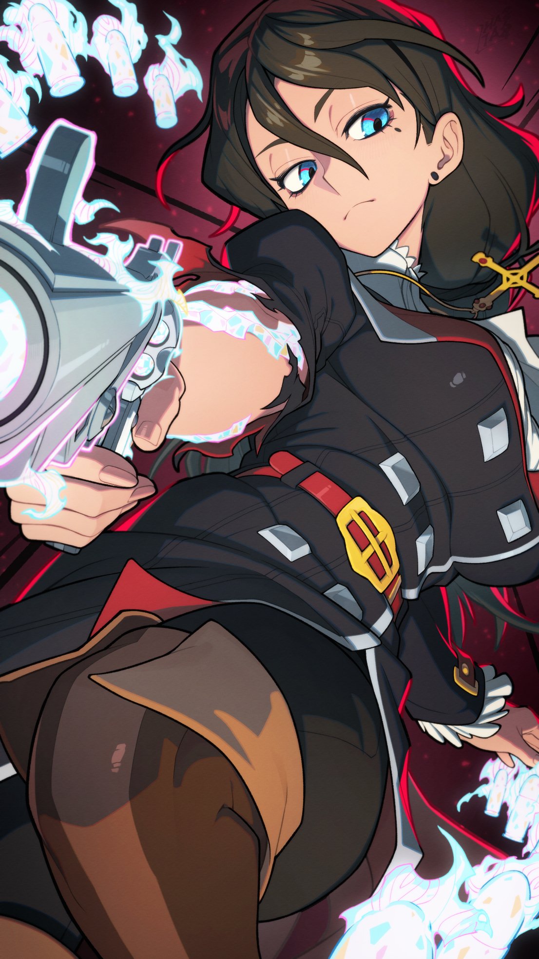 hata4564, original, commission, highres, skeb commission, 1girl, aiming, aiming at viewer, belt, blue eyes, boots, breasts, brown boots, brown coat, brown hair, brown pants, bullet, coat, cross, cross necklace, gun, hair between eyes, holding, holding gun, holding weapon, jewelry, large breasts, long hair, mole, mole under eye, necklace, pants, red background, red belt, solo, thigh boots, torn sleeve, weapon