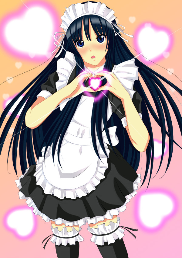 kishida-shiki, akiyama mio, k-on!, 00s, 1girl, alternate costume, black hair, blue eyes, blush, enmaided, female focus, frilled thighhighs, frills, heart, heart hands, lingerie, long hair, maid, maid headdress, moe moe kyun!, petticoat, solo, thighhighs, underwear