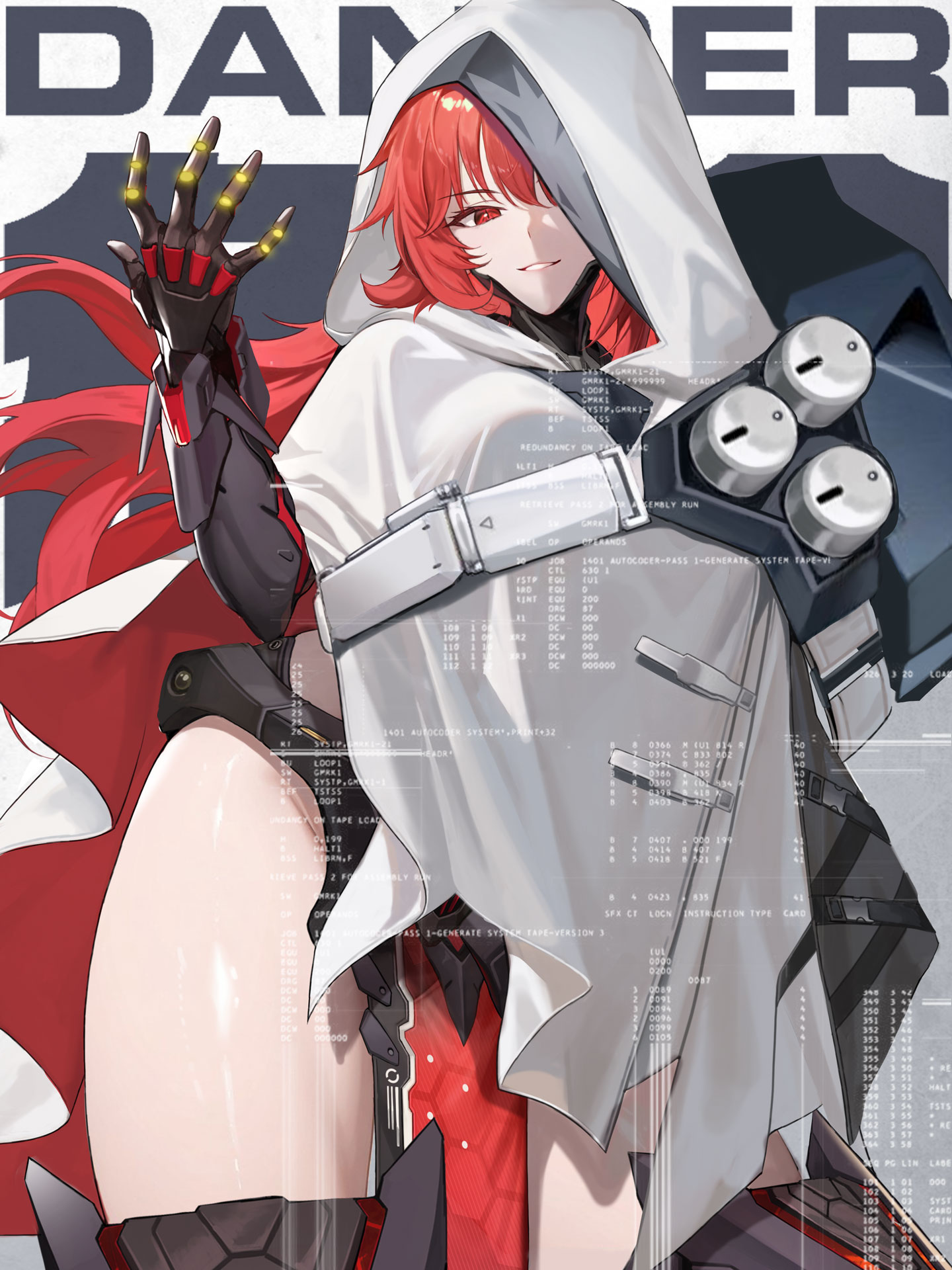 dramz, nihilister (nikke), goddess of victory: nikke, highres, 1girl, cloak, hood, hooded cloak, mechanical arms, nihilister (rebuilt) (nikke), official alternate costume, official artist extra, red eyes, red hair, smile, solo, thighs, white cloak, white hood