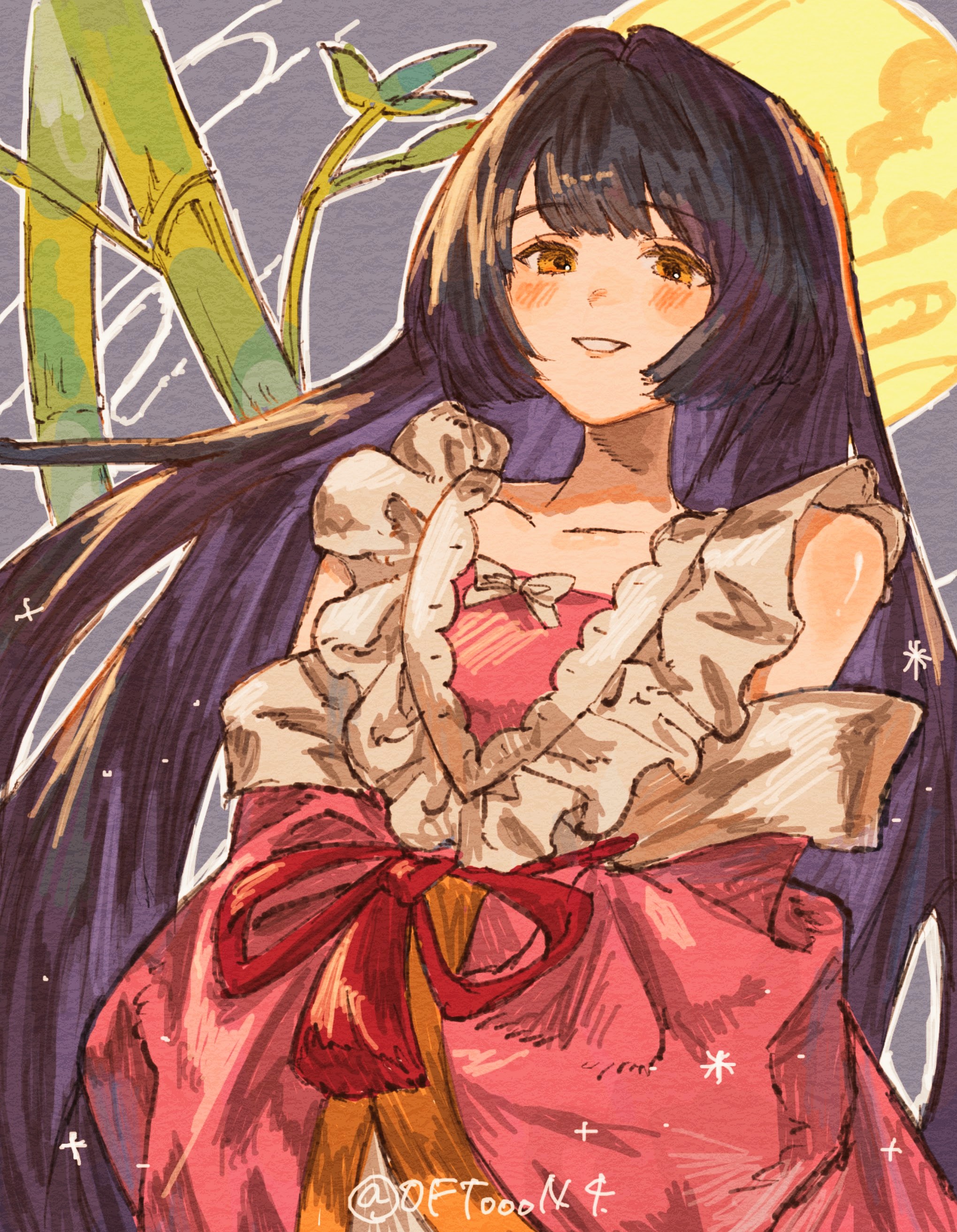 oftooon, houraisan kaguya, touhou, absurdres, commentary request, highres, 1girl, adapted costume, artist name, bamboo, bare shoulders, black hair, blunt bangs, blush, bow, chest bow, colored inner hair, detached sleeves, dress, egasumi, frills, full moon, grey background, hands in opposite sleeves, long hair, long sleeves, looking at viewer, moon, multicolored hair, orange eyes, pink dress, pink sleeves, purple hair, red ribbon, ribbon, sleeveless, sleeveless dress, smile, solo, sparkle, standing, tassel, teeth, very long hair, white bow, wide sleeves, yellow moon