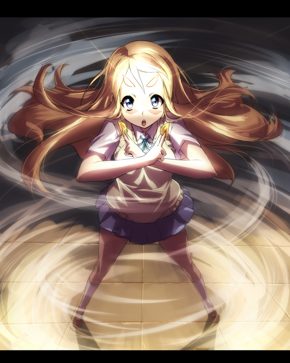 nekomamire, kotobuki tsumugi, k-on!, eyebrows, 00s, 1girl, aura, blonde hair, blue eyes, female focus, food, long hair, school uniform, socks, solo, takuan, white socks, wind