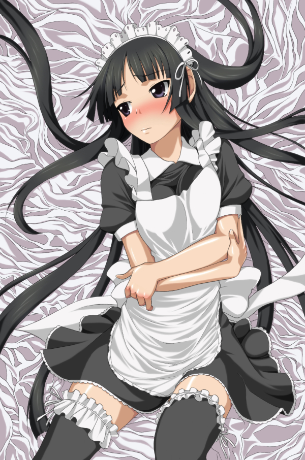yuuki1103, akiyama mio, k-on!, 00s, 1girl, alternate costume, black eyes, black hair, blush, enmaided, female focus, frilled thighhighs, frills, long hair, lying, maid, maid headdress, moe moe kyun!, on back, solo, thighhighs, zettai ryouiki