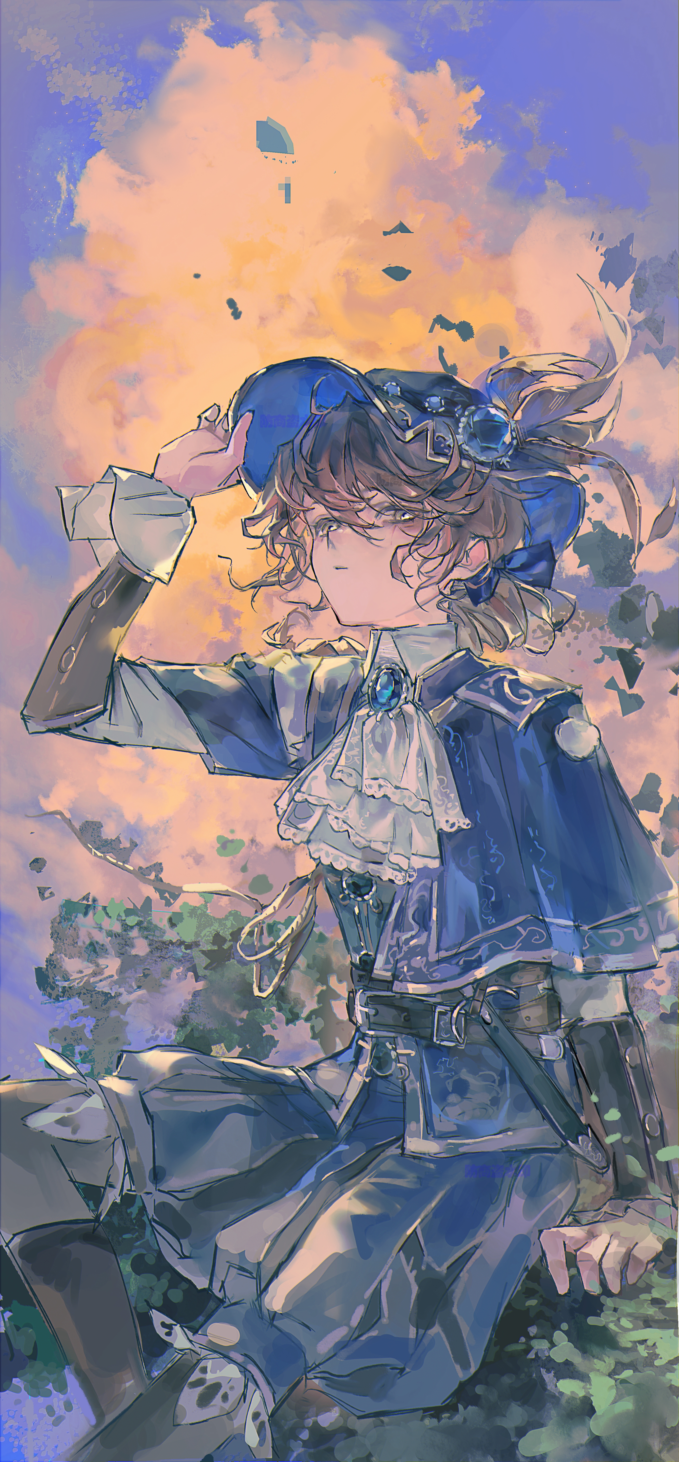 edgar valden, edgar valden (runaway), identity v, absurdres, highres, 1boy, adjusting clothes, adjusting headwear, androgynous, ascot, belt, black belt, black boots, blue bow, blue capelet, blue gemstone, blue shorts, boots, bow, brown hair, capelet, cloud, cloudtuan, cloudy sky, expressionless, feet out of frame, floating clothes, floating hair, frilled ascot, frilled sleeves, frills, gem, gem hat ornament, gold trim, hair between eyes, hair bow, hat feather, lace-trimmed shorts, lace trim, leg up, male focus, orange clouds, puffy shorts, shirt, shorts, sitting, sky, wavy hair, white ascot, white shirt, yellow eyes