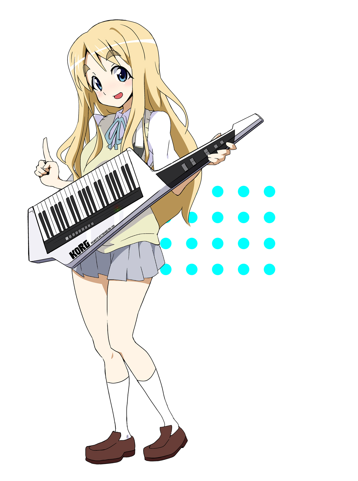 ueno, kotobuki tsumugi, k-on!, eyebrows, bad id, bad pixiv id, highres, 00s, 1girl, blonde hair, blue eyes, female focus, full body, instrument, keytar, long hair, school uniform, solo, synthesizer