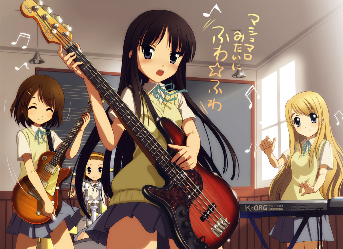 kankurou, akiyama mio, hirasawa yui, kotobuki tsumugi, tainaka ritsu, k-on!, translation request, 00s, 4girls, band (music), bass guitar, black eyes, black hair, blonde hair, blue eyes, brown hair, closed eyes, drum, drum set, electric guitar, gibson les paul, guitar, hairband, ho-kago tea time, instrument, long hair, multiple girls, school uniform, short hair, synthesizer