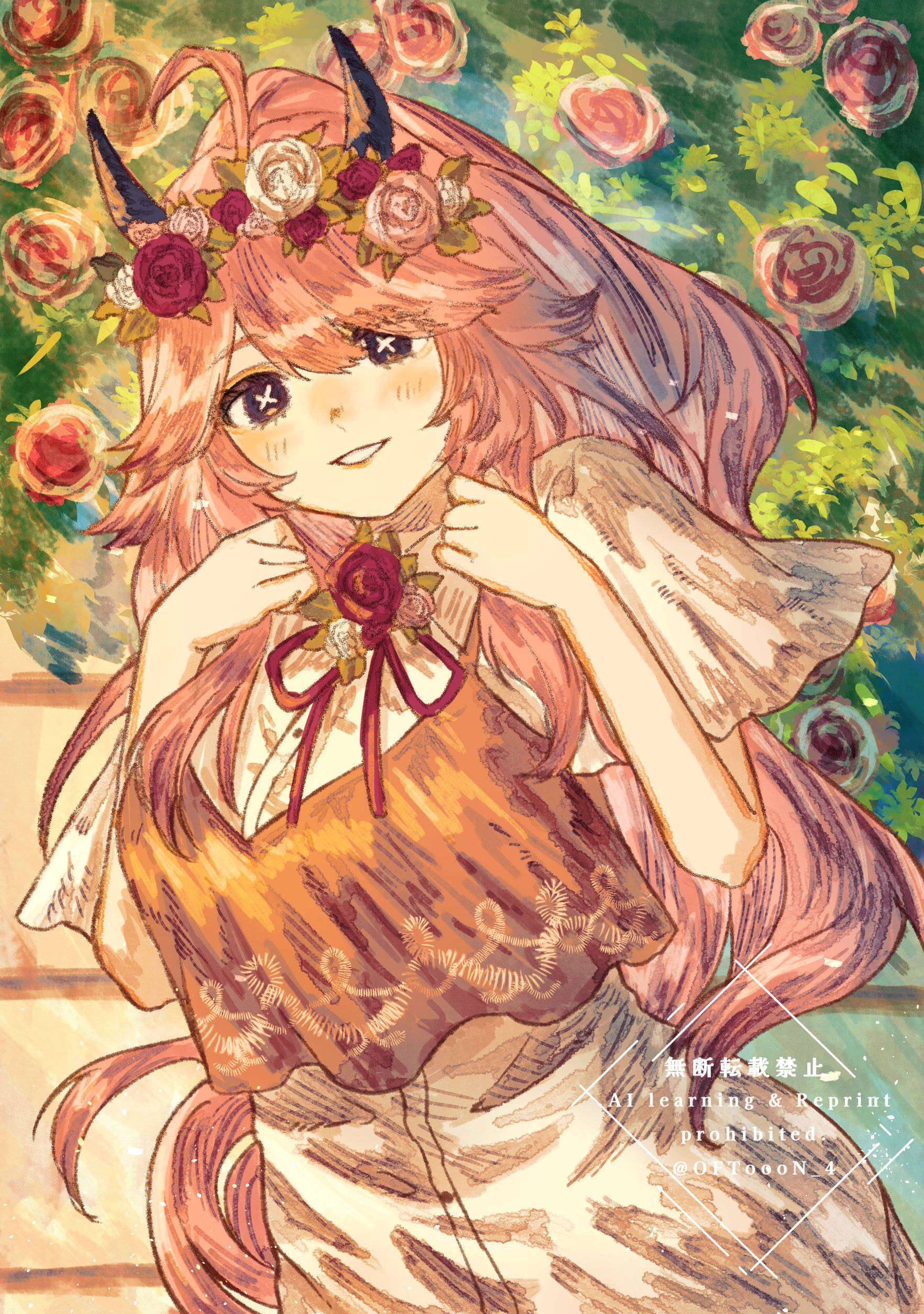 oftooon, original, absurdres, commentary request, commission, highres, skeb commission, + +, 1girl, ahoge, artist name, breasts, bush, buttons, clenched hands, collared dress, dress, floral background, flower, hair between eyes, hands up, head wreath, high ponytail, horns, large breasts, leaf, long hair, looking at viewer, neck ribbon, orange vest, pink flower, pink hair, pink rose, ponytail, purple eyes, red flower, red ribbon, red rose, ribbon, rose, short sleeves, smile, solo, sunlight, teeth, vest, white dress, white flower, white rose
