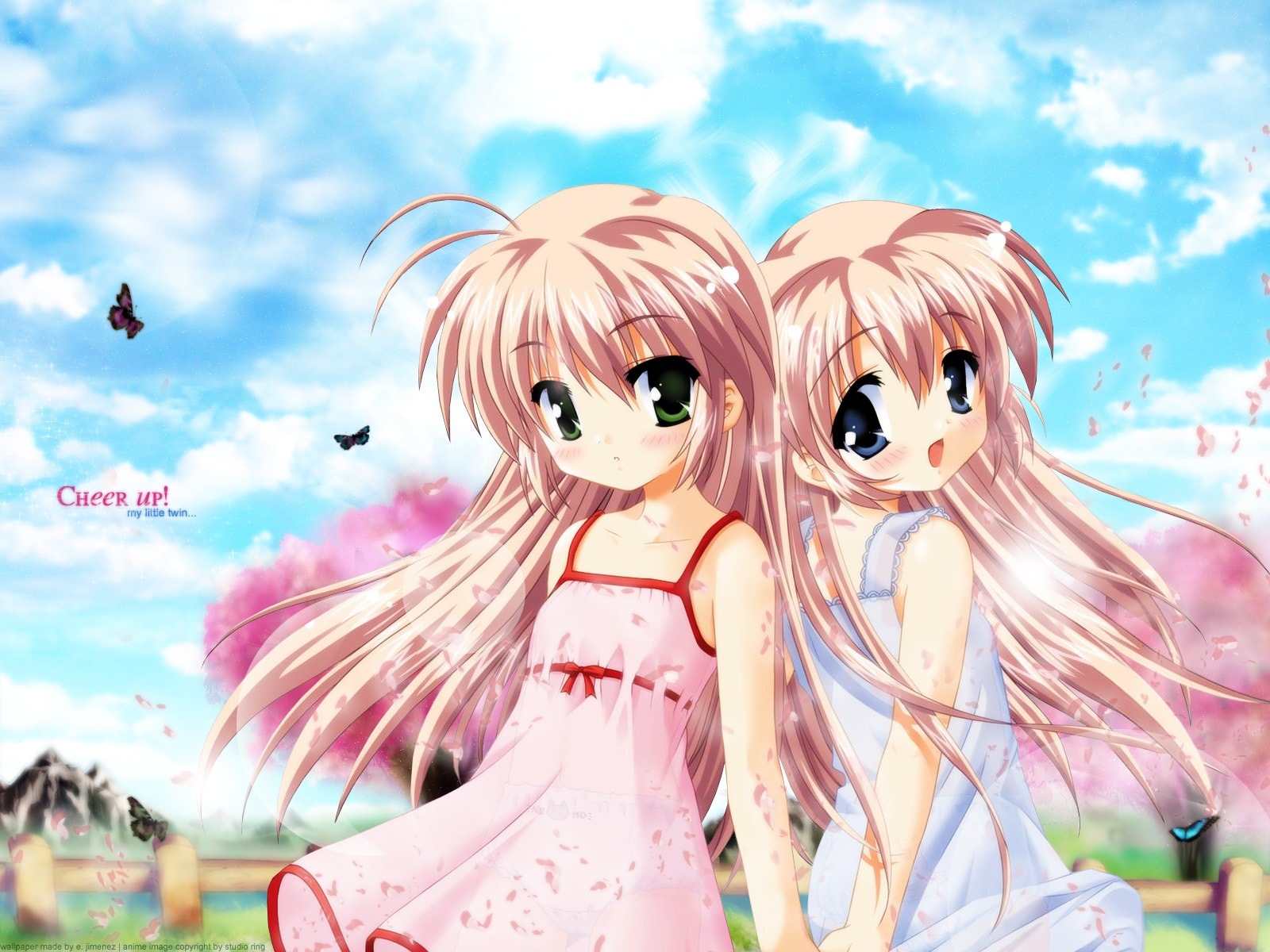muririn, mizuki saori, mizuki shiori, hajimete no orusuban, studio ring, highres, 2girls, antenna hair, blonde hair, blue eyes, bug, butterfly, child, cloud, day, dress, flat chest, green eyes, insect, multiple girls, panties, siblings, sisters, sky, twins, underwear