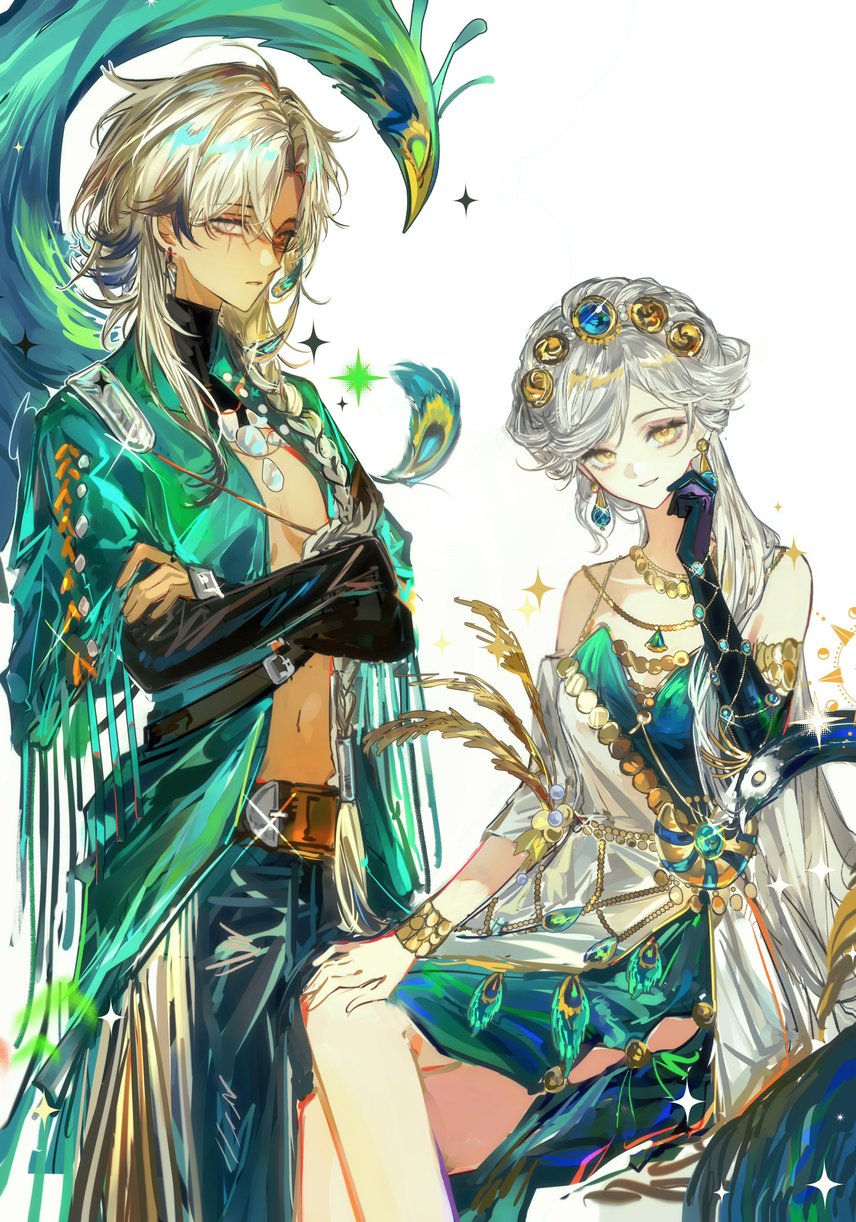 weiyan (nbnbmwnl), argus (reverse:1999), eternity (reverse:1999), reverse:1999, absurdres, highres, 2girls, bare shoulders, bird, black sleeves, blonde hair, blue gemstone, blue pants, braid, breasts, cape, coat, cowboy shot, crossed arms, crossed legs, denim, dress, earrings, elbow gloves, feet out of frame, gem, gem hair ornament, gloves, gold hairband, green cape, green dress, green gloves, grey eyes, grin, hairband, hand up, jeans, jewelry, long bangs, long dress, long hair, looking at viewer, medium breasts, multiple girls, navel, necklace, no bra, official alternate costume, pants, peacock, scar, scar across eye, scar on face, side slit, single braid, single elbow glove, single sleeve, sitting, sleeveless, sleeveless dress, smile, teardrop earrings, very long hair, white background, white coat, white hair, yellow eyes