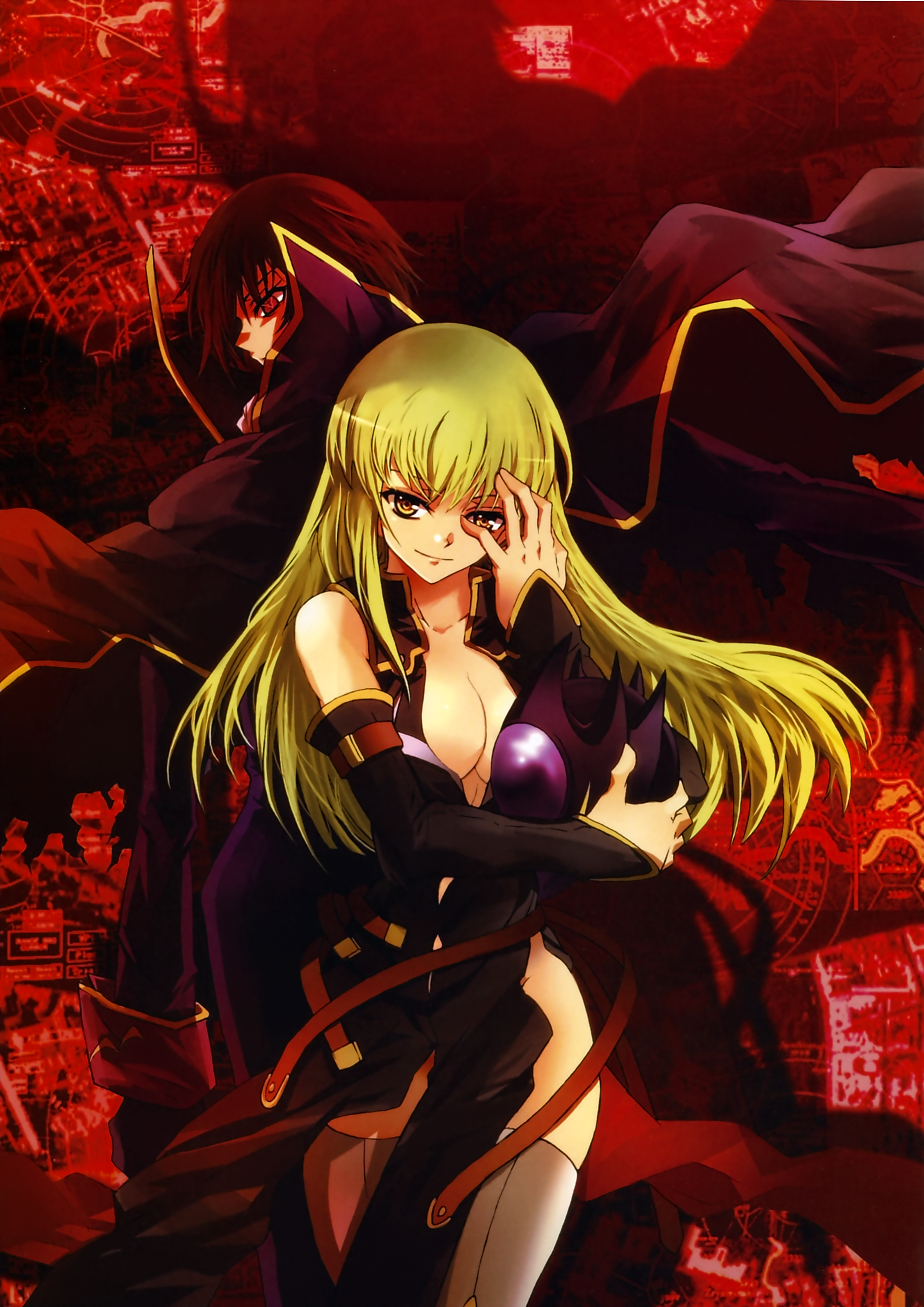 ueda yumehito, c.c., lelouch vi britannia, zero (code geass), code geass, absurdres, highres, huge filesize, 00s, 1boy, 1girl, breasts, cleavage, green hair, medium breasts, thighhighs, yellow eyes
