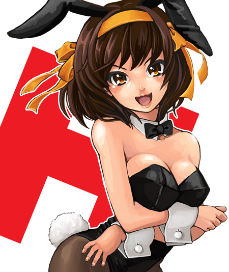 miyaya, suzumiya haruhi, suzumiya haruhi no yuuutsu, bad id, bad pixiv id, 00s, animal ears, brown eyes, brown hair, fake animal ears, h (letter), lipstick, makeup, pantyhose, playboy bunny, rabbit ears, rabbit tail, short hair, solo, tail