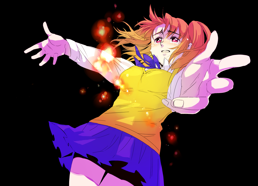 akiyama (yamagoya), yumizuka satsuki, melty blood, tsukihime, type-moon, bad id, bad pixiv id, 00s, 1girl, blonde hair, blue skirt, blush, bow, brown eyes, dress shirt, female focus, fire, foreshortening, gradient hair, miniskirt, multicolored hair, orange hair, pink eyes, pleated skirt, red hair, ribbon, sad, school uniform, shirt, short hair, sidelocks, simple background, skirt, solo, sweater, sweater vest, tears, twintails, two-tone hair, two side up, vest