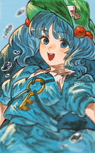 oftooon, kawashiro nitori, touhou, commentary request, 1girl, artist name, backpack, bag, blue background, blue bag, blue eyes, blue hair, blue shirt, blue skirt, blush, breasts, collared shirt, green hat, hair bobbles, hair ornament, hat, jewelry, key, key necklace, looking at viewer, necklace, open mouth, peaked cap, puffy short sleeves, puffy sleeves, shirt, short hair, short sleeves, simple background, skirt, skirt set, small breasts, smile, solo, teeth, twintails, water drop