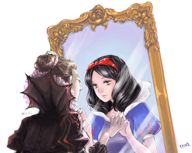 momopanda, snow white (fairy tale character), disney, snow white, grimm's fairy tales, black hair, bow, fairy tale, fantasy, green eyes, hair bow, mirror, princess, queen