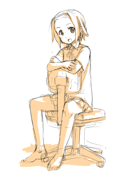 hamao, tainaka ritsu, k-on!, 00s, 1girl, barefoot, chair, crossed arms, feet, female focus, hairband, looking at viewer, monochrome, office chair, school uniform, sitting, sitting backwards, sketch, solo, swivel chair, tomboy